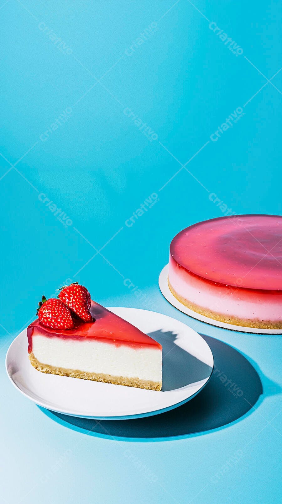 Bolo cheesecake de morango fresco em prato branco sobre fundo azul vibrante