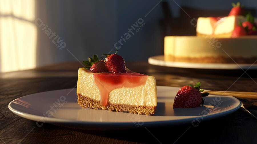 Fatia de Cheesecake com calda de morango e frutas vermelhas em mesa de madeira com luz natural