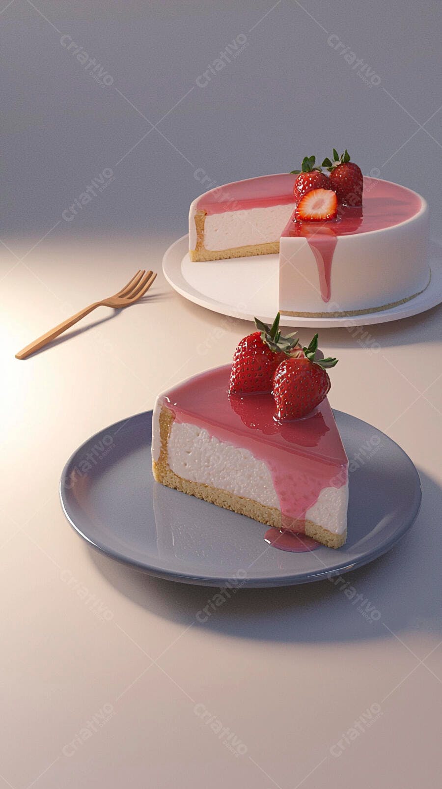 Cheesecake de morango inteiro e fatia com calda rosa e garfo de madeira elegante