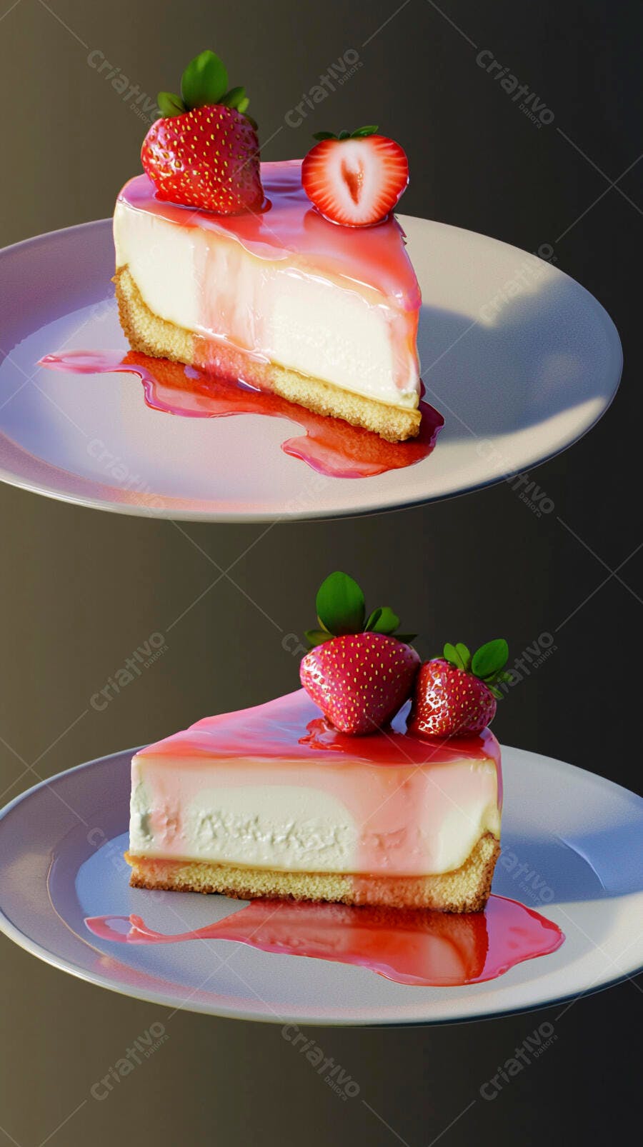 Fatia de cheesecake com calda e morangos frescos sobre prato cinza escuro