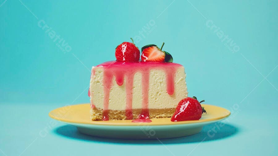 Fatia de cheesecake com morangos frescos e calda vermelha em fundo azul claro