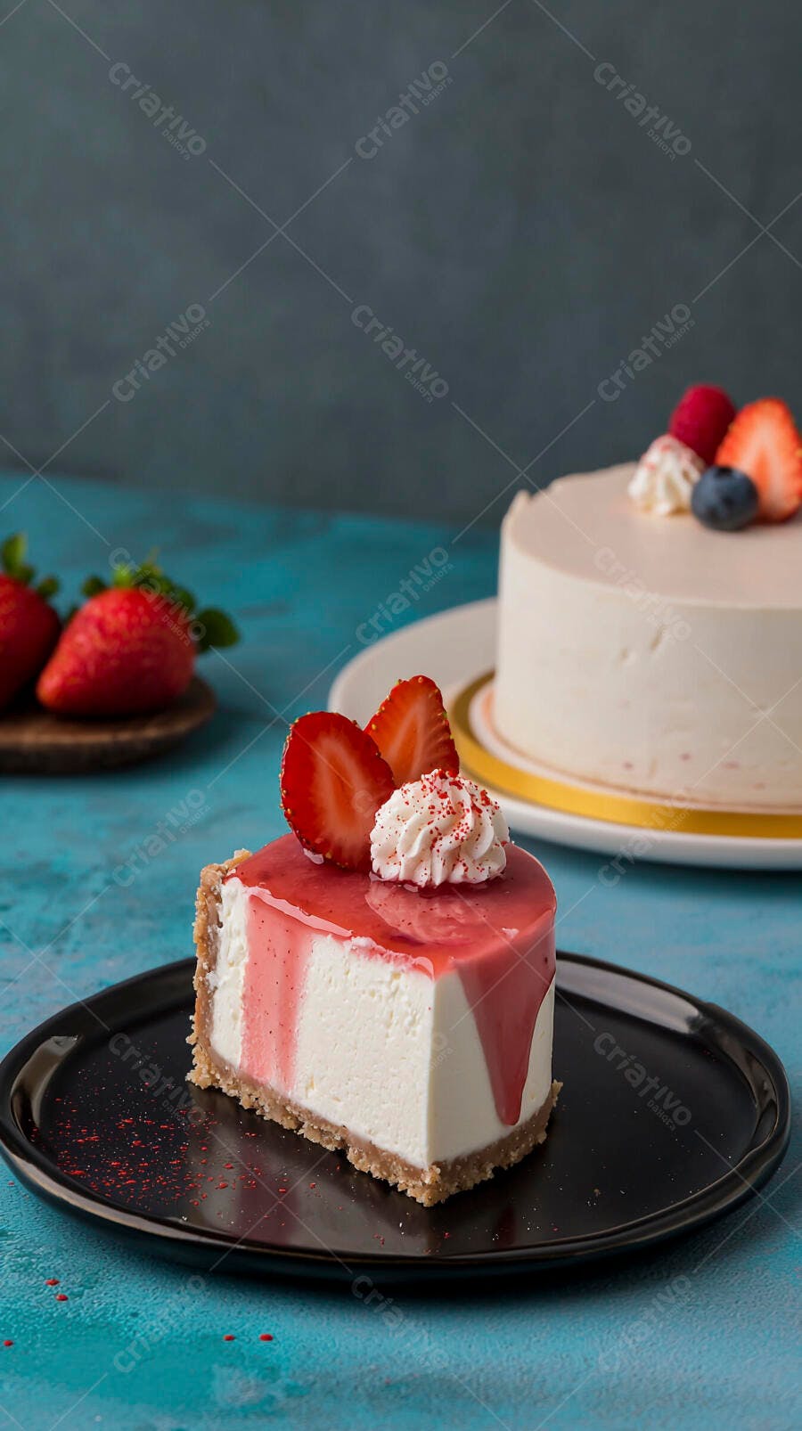 Fatia de cheesecake com cobertura de morango chantilly e frutas frescas em mesa azul