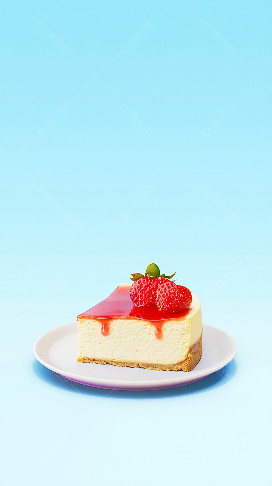 Fatia de cheesecake com calda de morango e frutas frescas em fundo azul claro