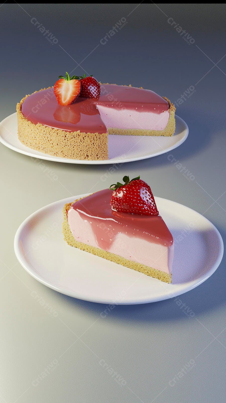 Cheesecake de morango rosa com calda vermelha e fatia servida