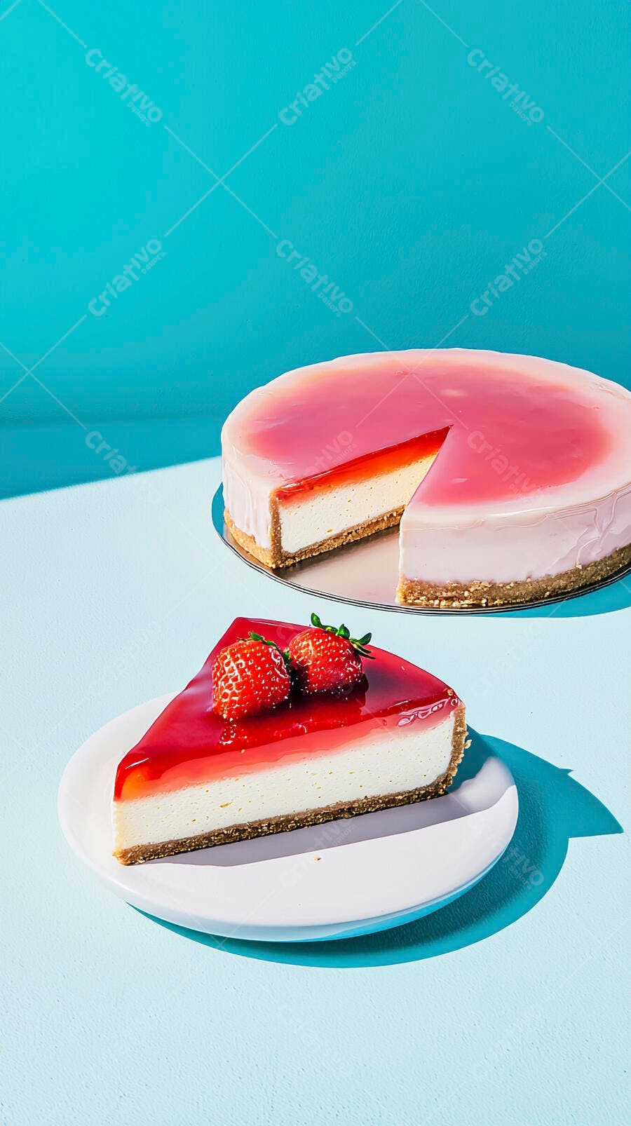 Cheesecake de morango fresco com fatia e cobertura vermelha em fundo azul claro