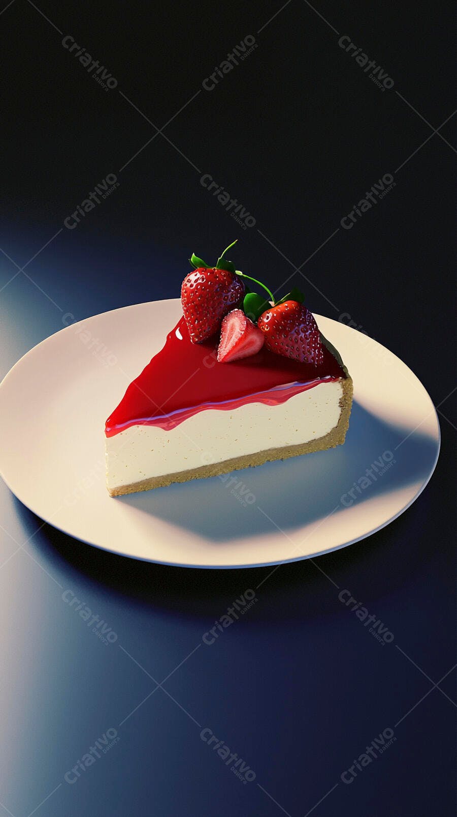 Torta cheesecake de morango sobre prato branco em fundo escuro