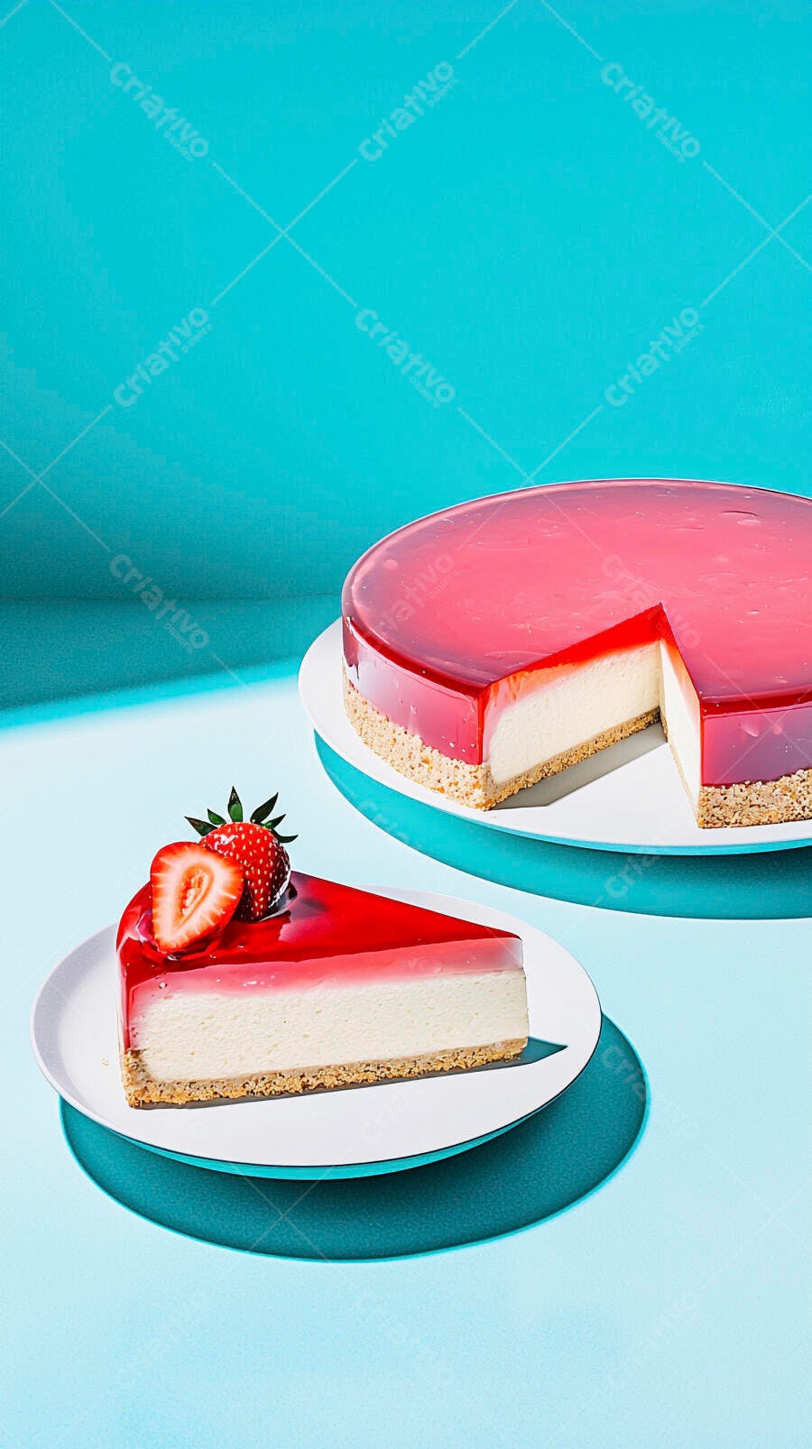 Cheesecake de morango com calda vermelha e morangos frescos em fundo azul