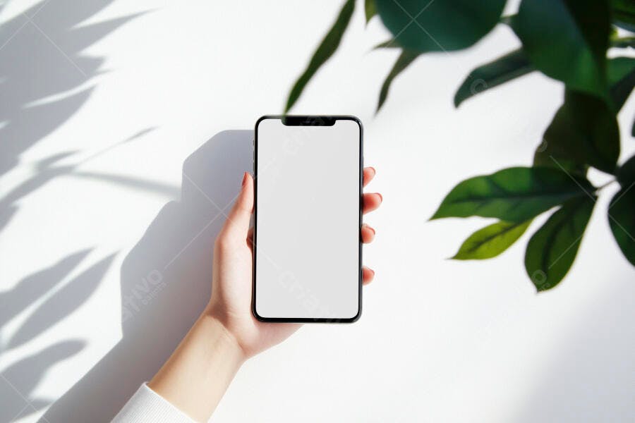 Mão feminina segurando smartphone moderno tela branca com sombras botânicas