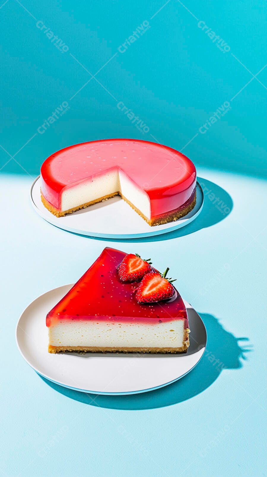 Cheesecake de morango fatia e torta inteira fundo azul vibrante