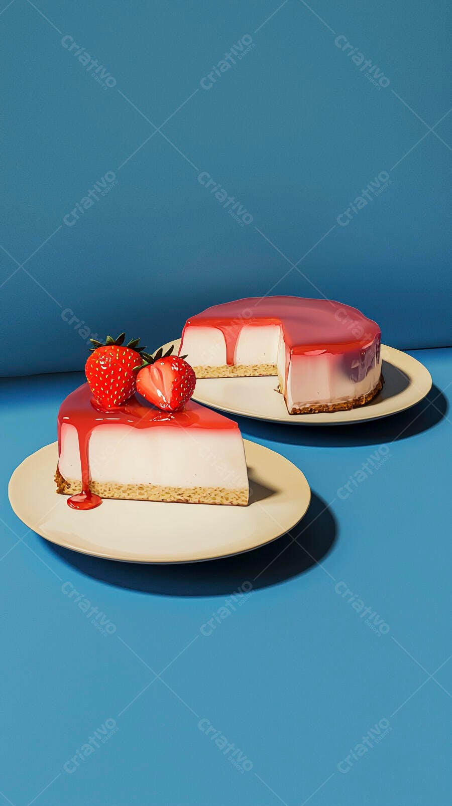 Cheesecake de morango com calda vermelha em fundo azul vibrante