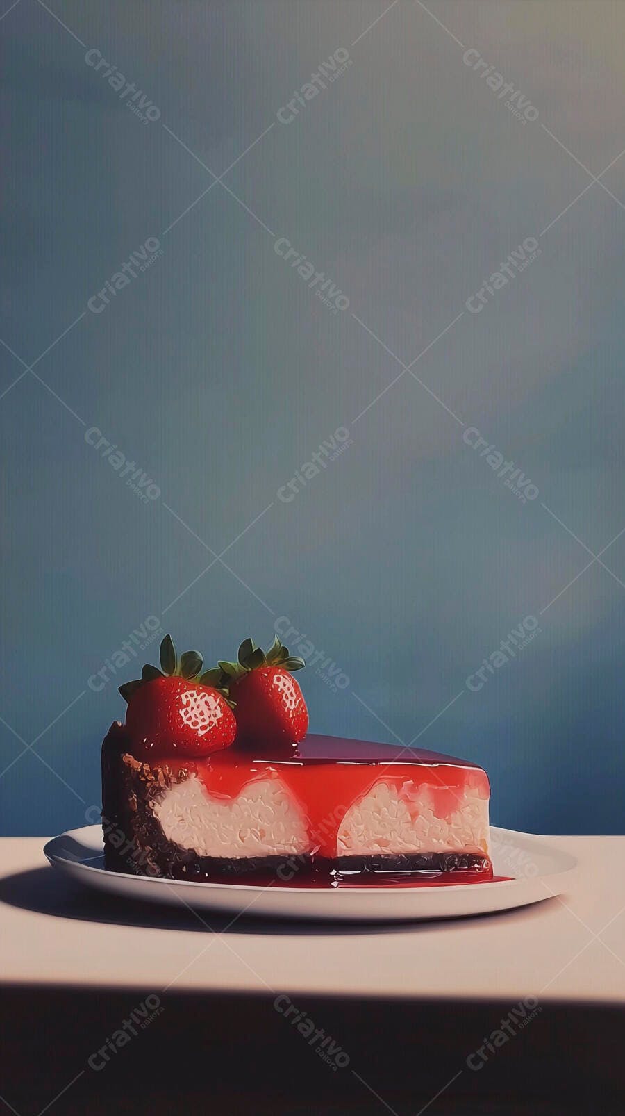 Fatia de cheesecake com calda de morango e frutas frescas sobre prato branco e fundo azul