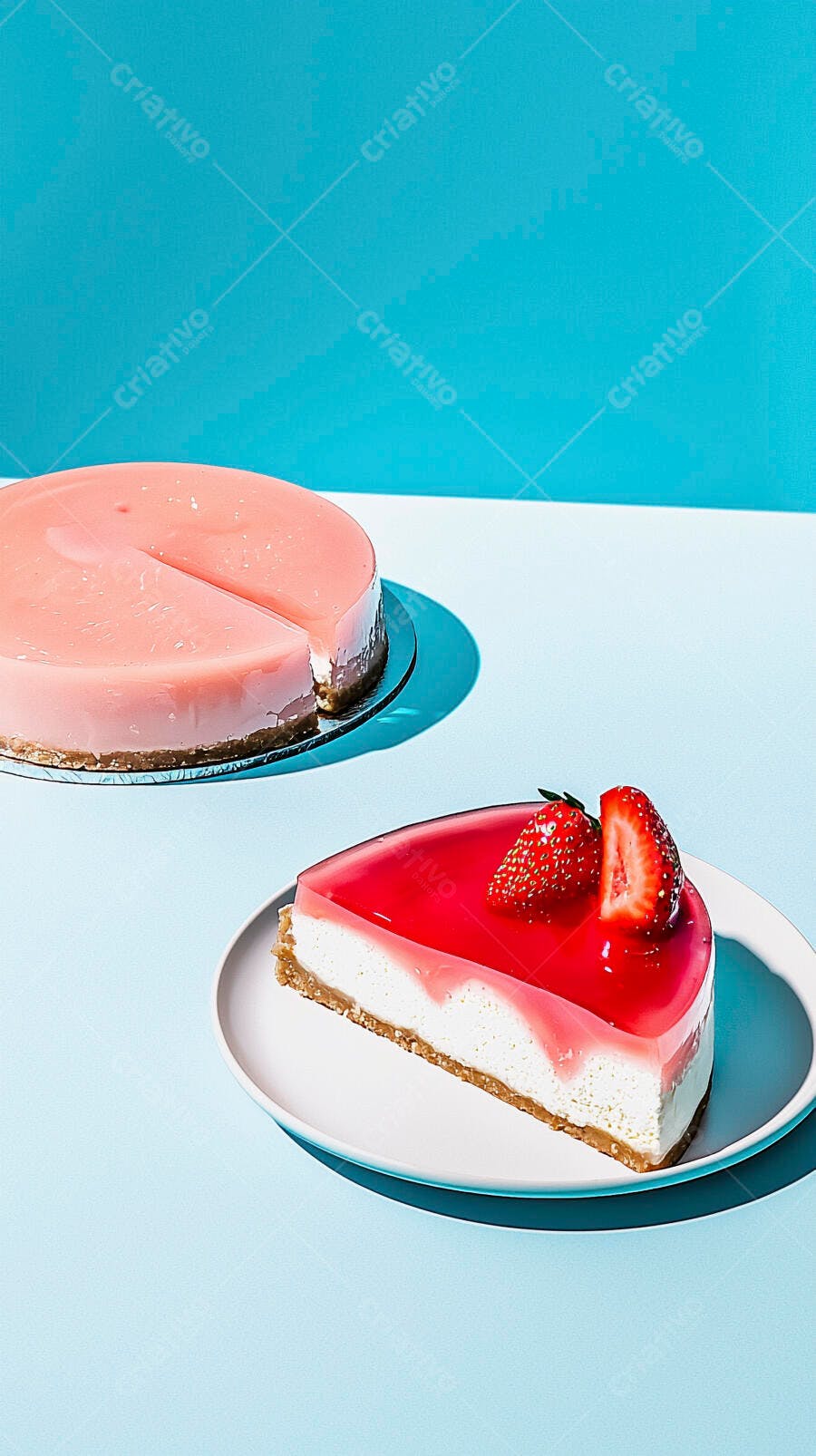 Fatia de cheesecake de morango e bolo rosa inteiro em fundo azul vibrante