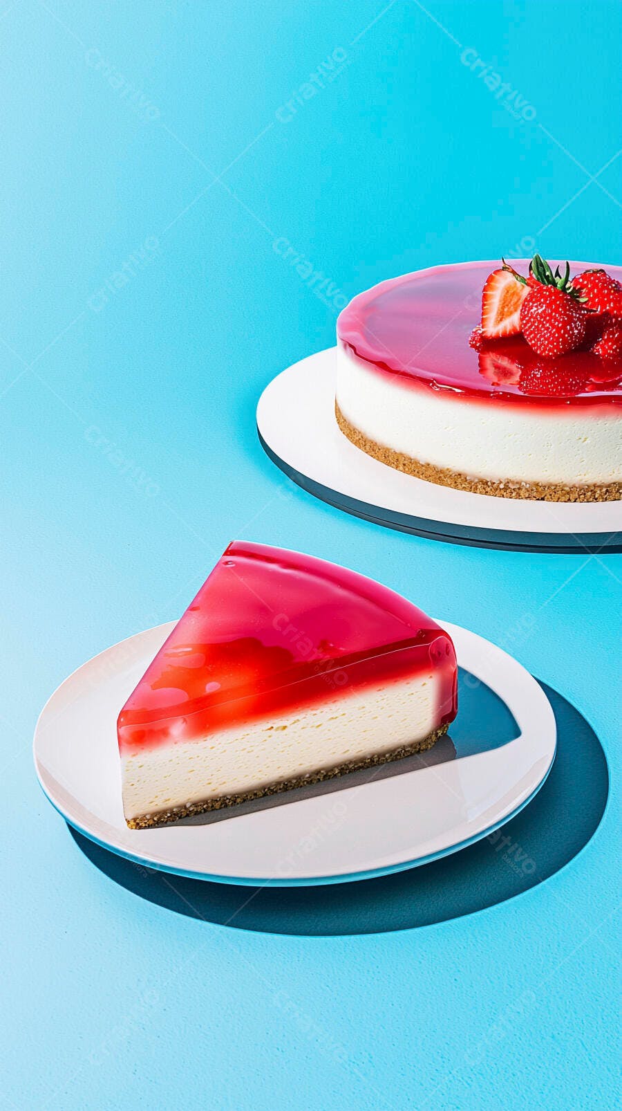 Cheesecake de morango vibrante com fatia em fundo azul