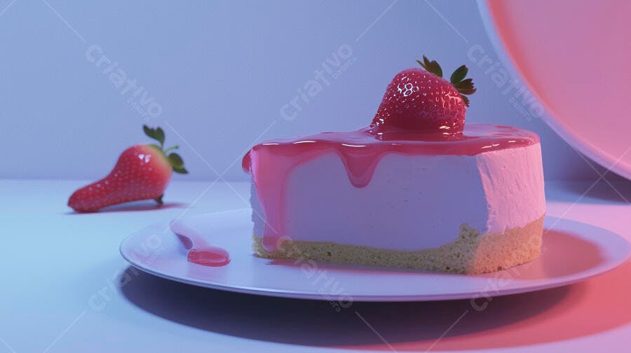 Fatia de cheesecake com calda de morango e morango fresco em luz neon rosa e azul