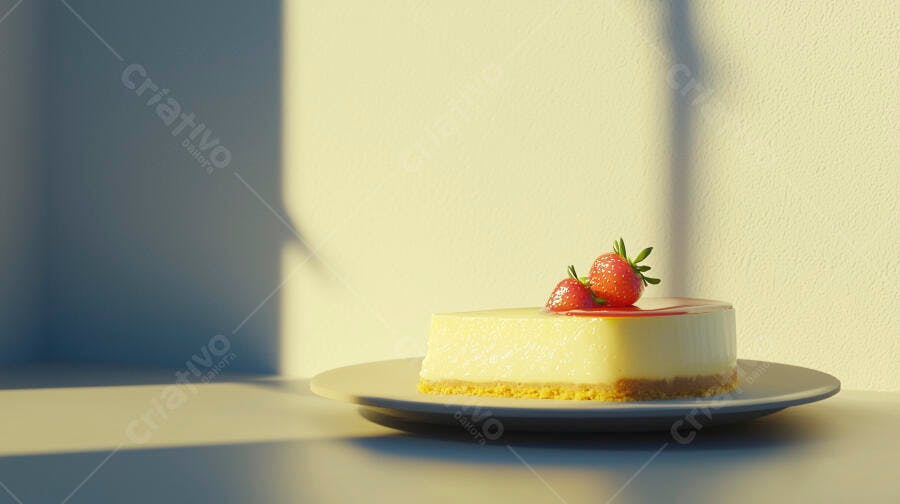Cheesecake de morango fresco com base crocante e luz solar