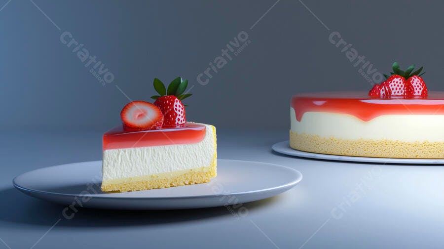 Fatia de cheesecake de morango com glacê vermelho e torta inteira ao fundo