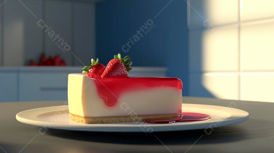 Fatia de cheesecake com morangos frescos em cozinha ensolarada