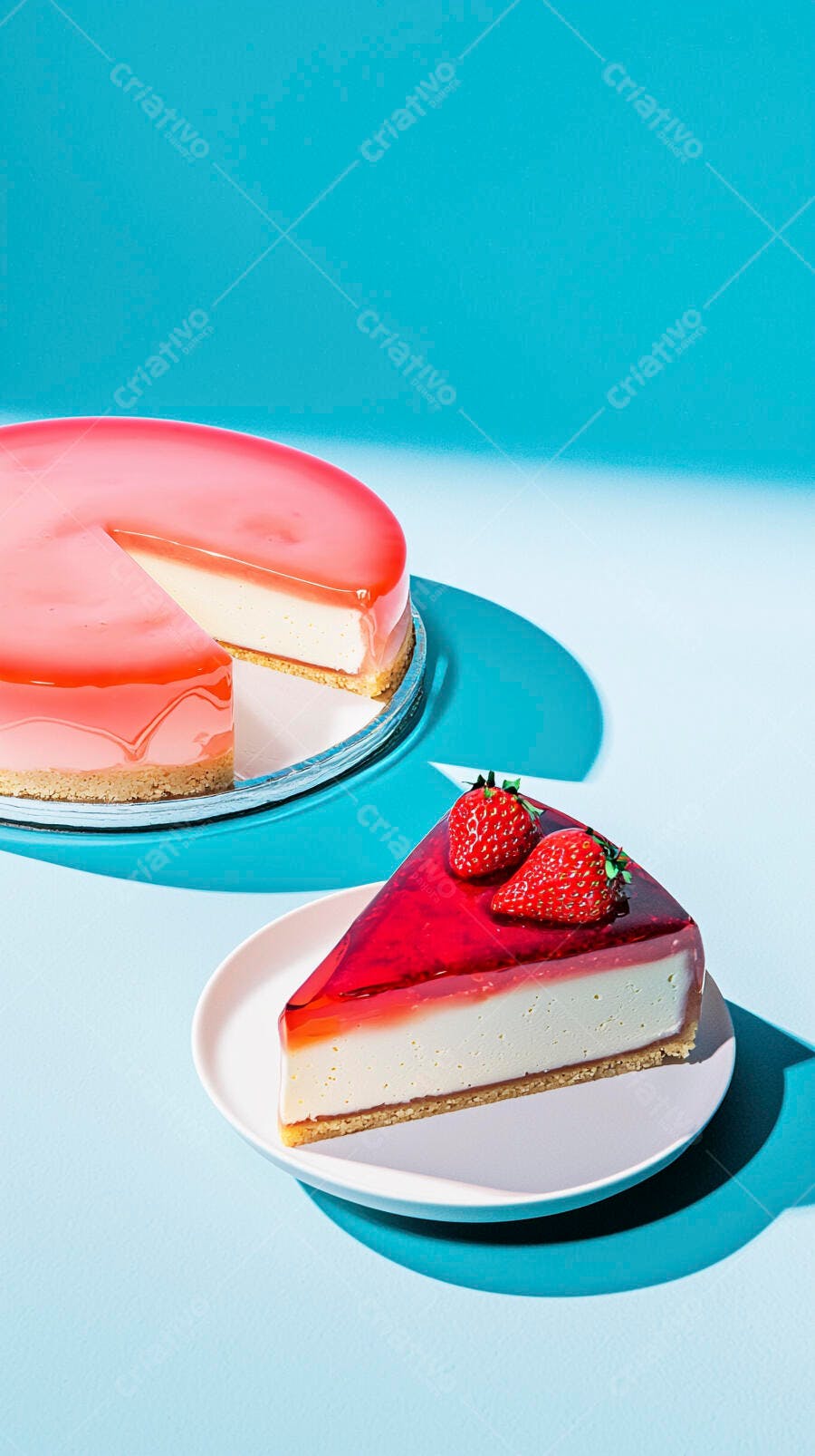 Cheesecake de morango com fatia decorada em fundo azul vibrante