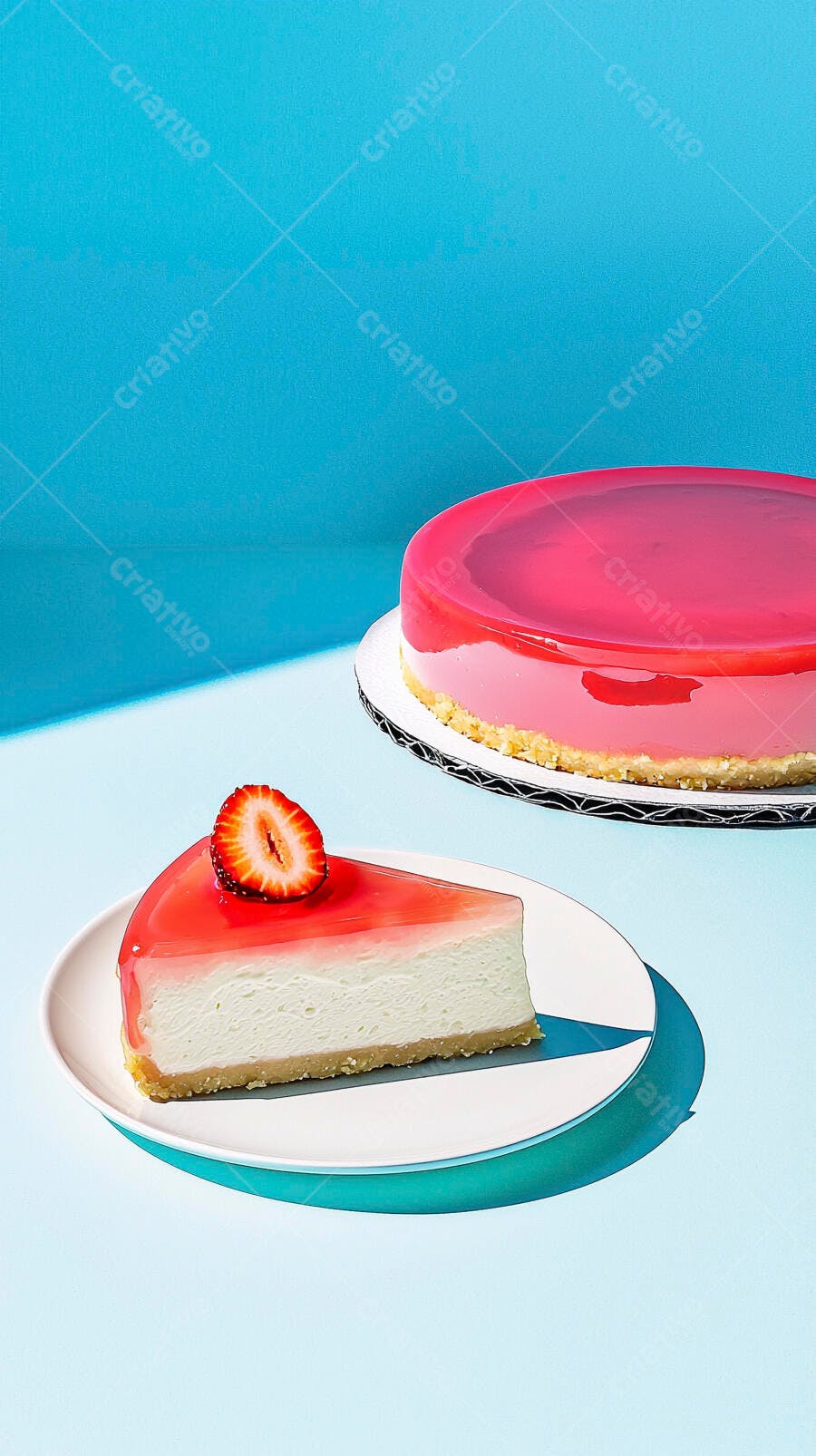 Cheesecake de morango fatia e bolo inteiro sobre fundo azul vibrante