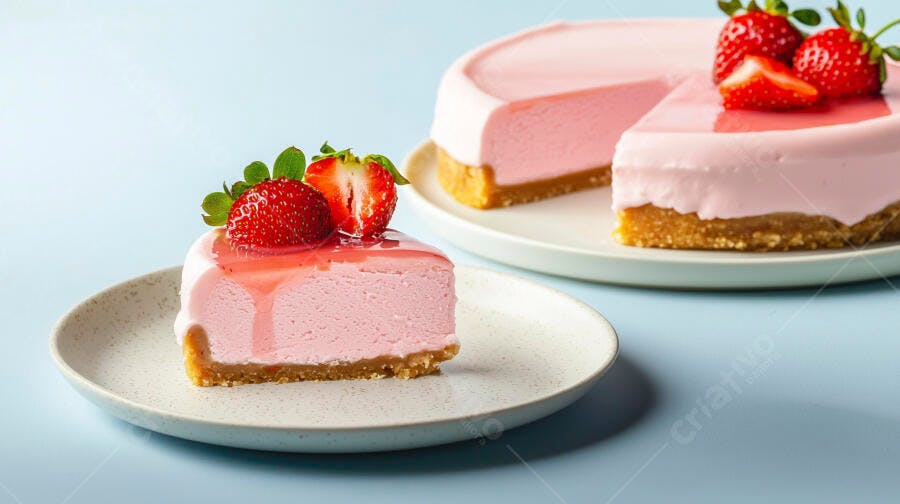 Fatia de cheesecake de morango com calda rosa em prato claro e fundo azul