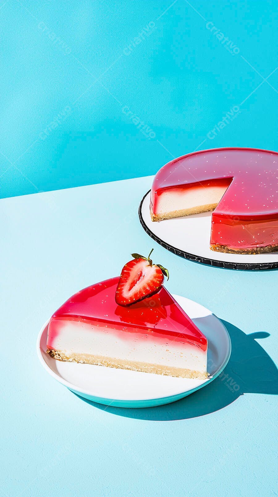 Cheesecake de morango com fatia e bolo inteiro sobre fundo azul vibrante
