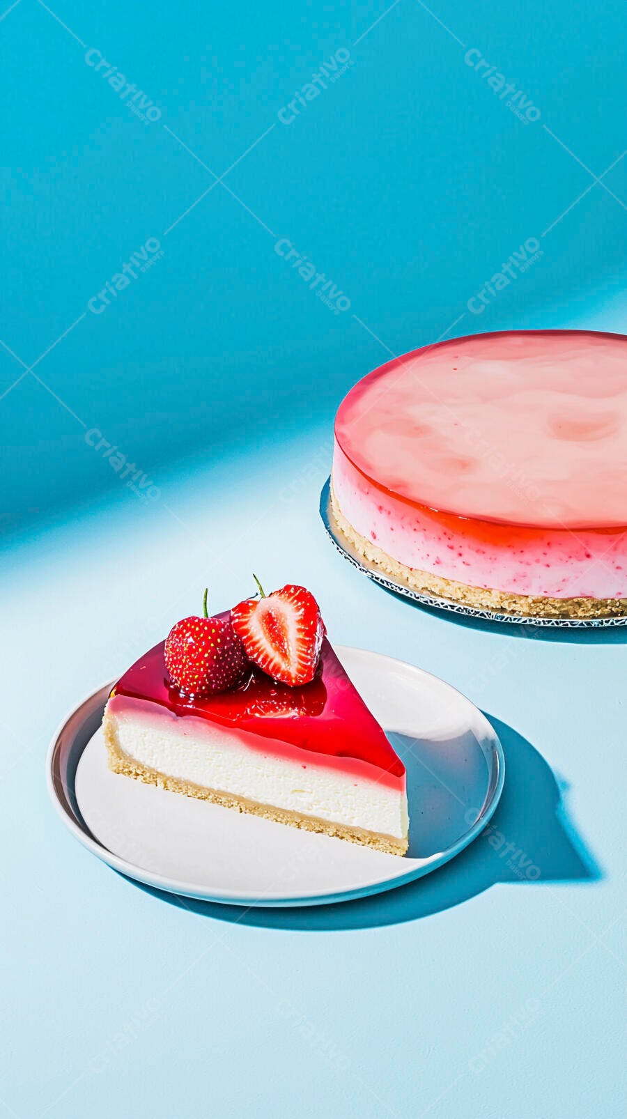 Cheesecake de morango com calda vermelha e fruta fresca em fundo azul claro