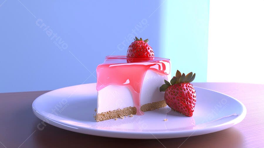 Fatia de cheesecake com calda rosa de morango e frutas frescas