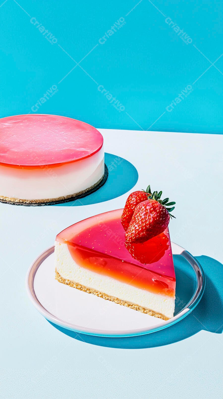 Fatia de cheesecake de morango e bolo inteiro em fundo azul