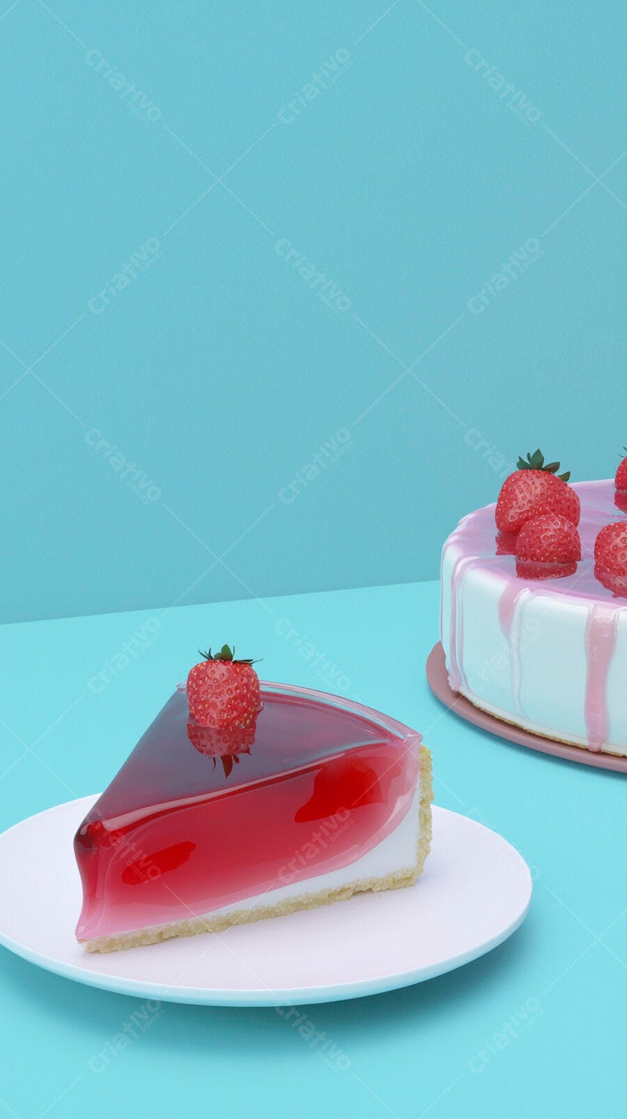 Fatia de torta de morango com gelatina e bolo festivo em fundo azul claro