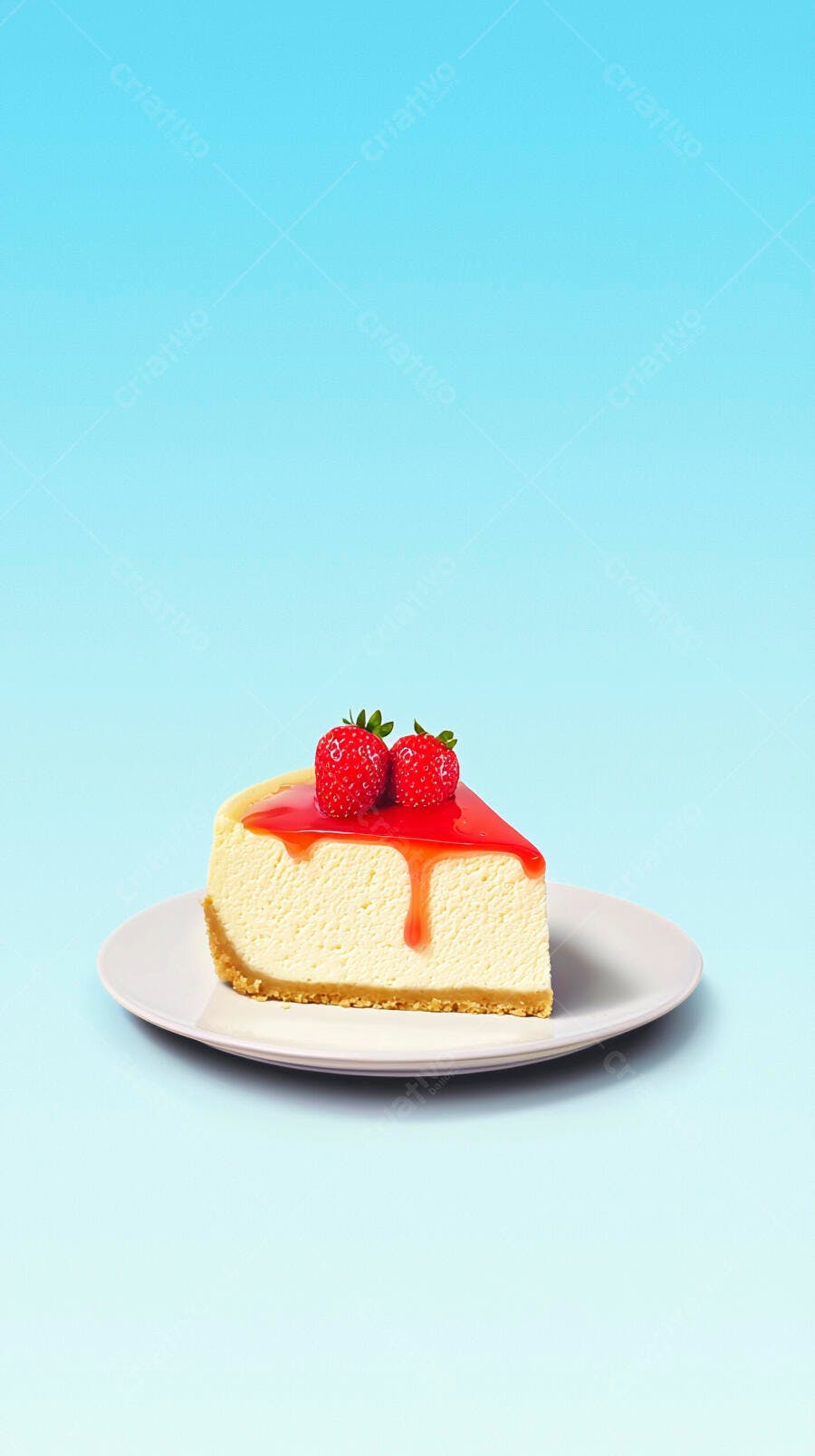 Fatia de cheesecake com morangos frescos e calda vermelha em fundo azul claro
