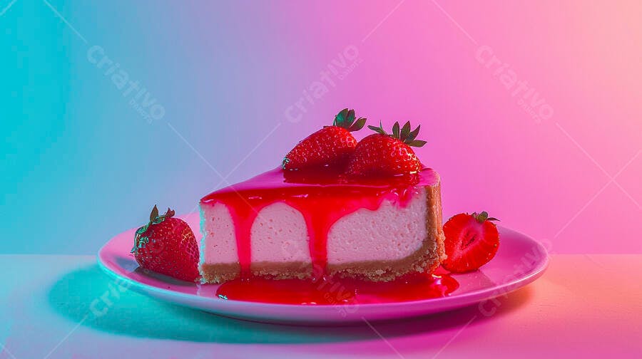 Cheesecake de morango com calda vermelha em fundo neon rosa e azul