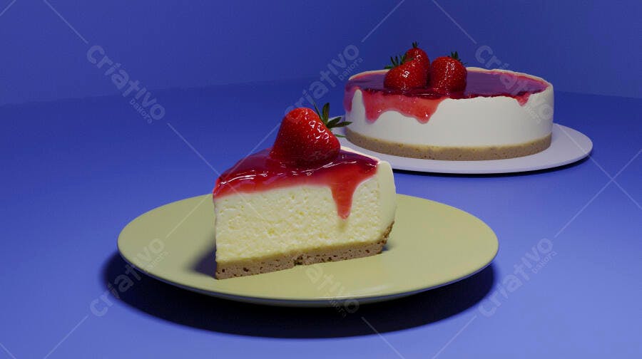 Fatia de cheesecake de morango e bolo inteiro em fundo azul vibrante