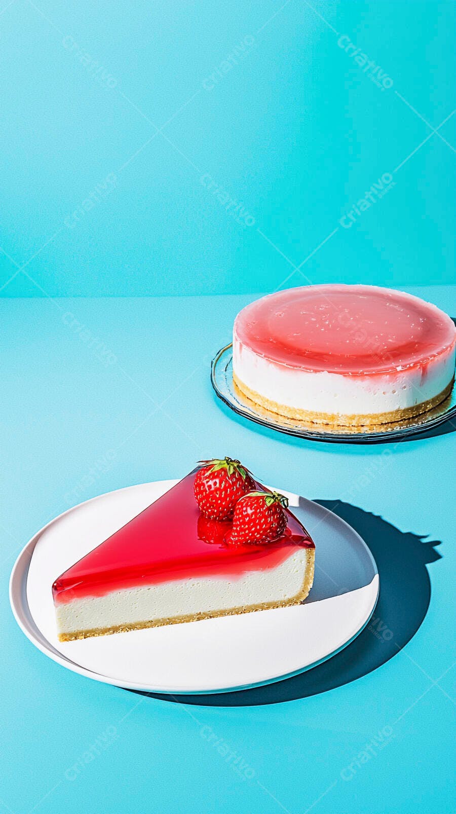 Cheesecake de morango com geléia em fundo azul vibrante