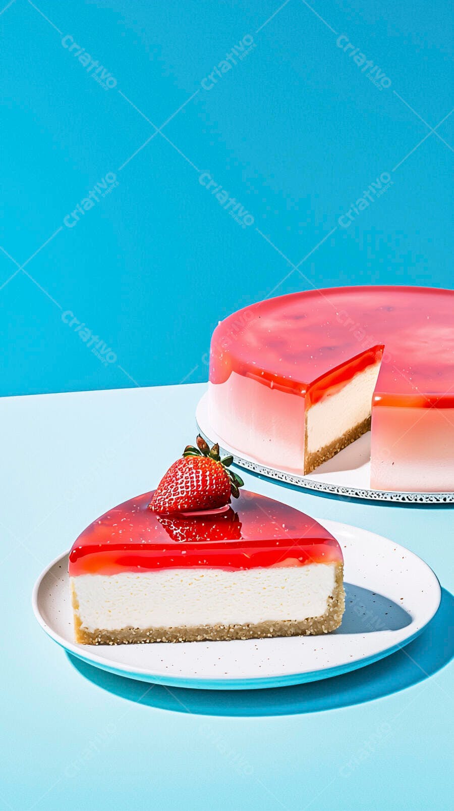 Cheesecake de morango com fatia separada e fruta fresca em fundo azul vibrante