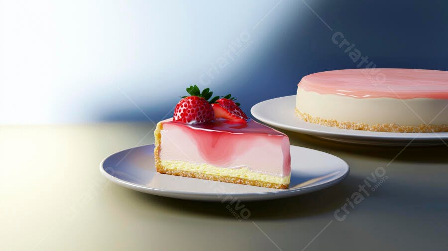 Fatia de cheesecake de morango com calda rosa em prato branco fresco