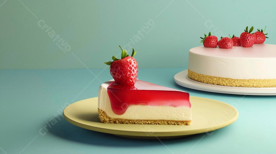 Fatia de cheesecake de morango fresco com cobertura vermelha em prato amarelo sobre mesa azul