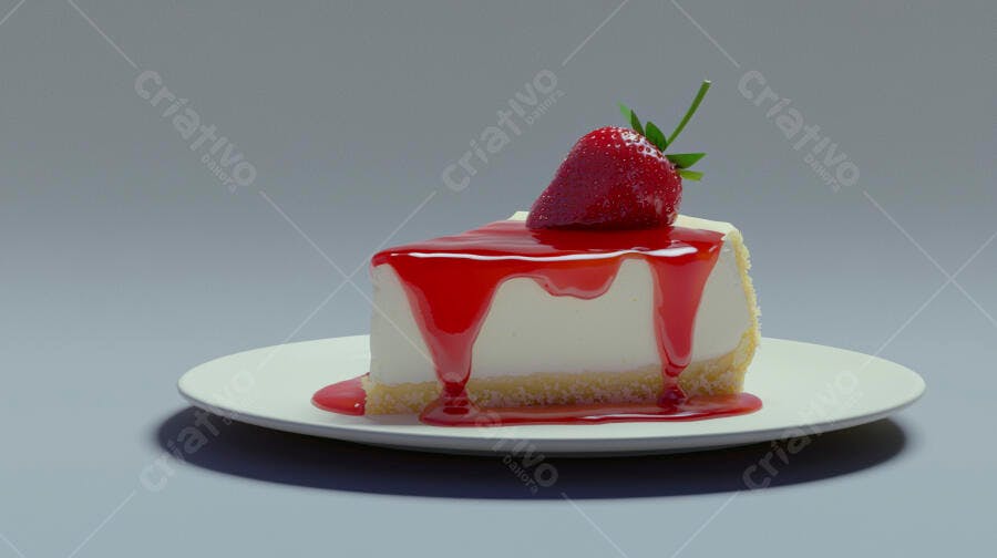 Fatia de cheesecake branco com calda de morango e fruta fresca