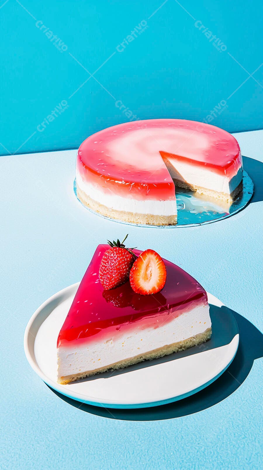 Cheesecake de morango inteiro e fatia com fundo azul vibrante