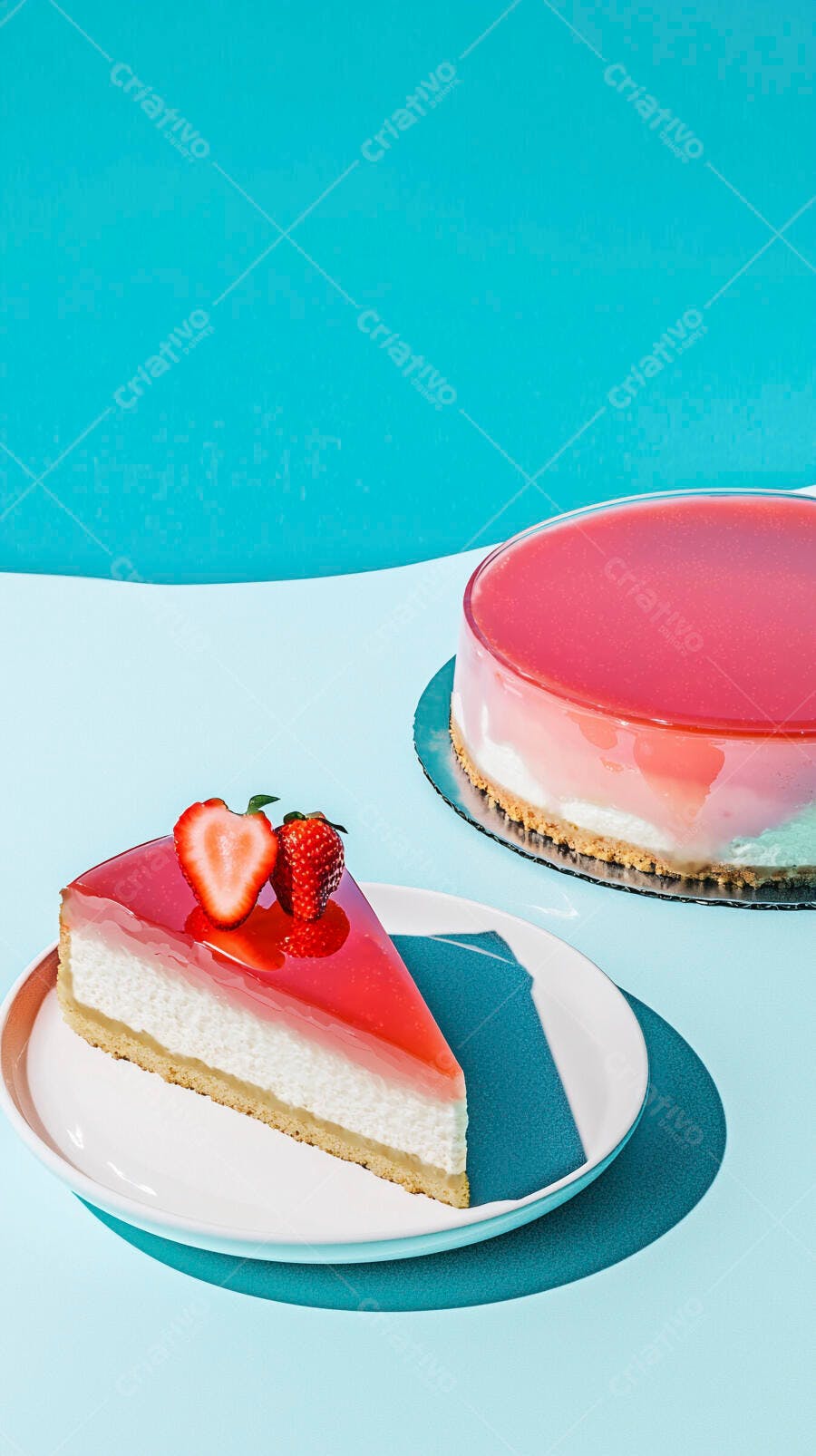 Torta de morango com fatia e bolo inteiro em fundo azul claro