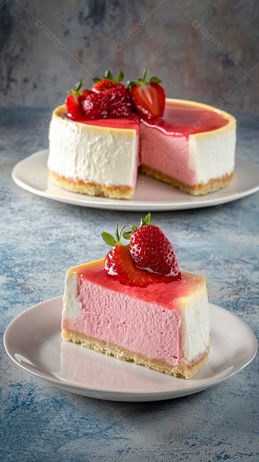 Cheesecake de morango cremoso com calda e fatia em prato branco