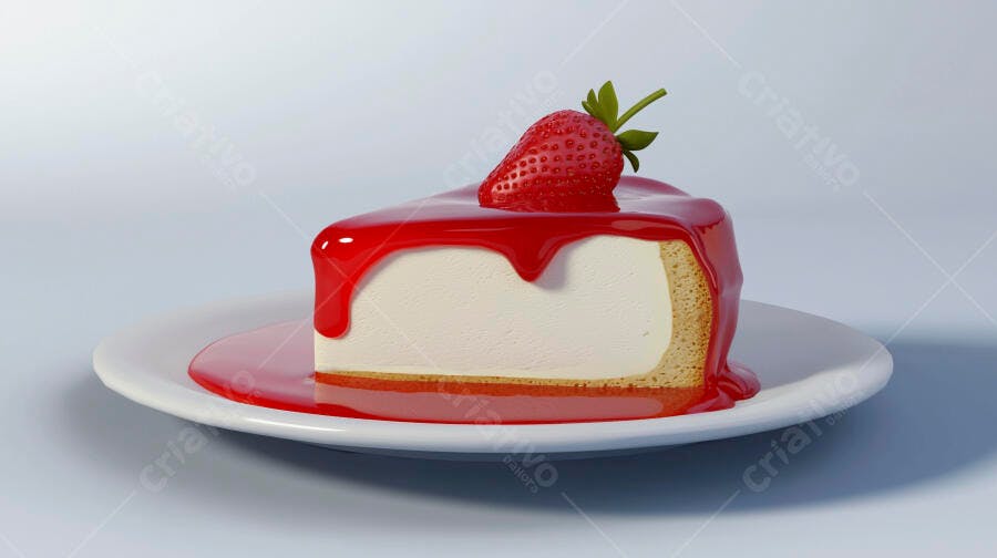 Fatia de cheesecake coberta com calda de morango e um morango fresco em prato branco