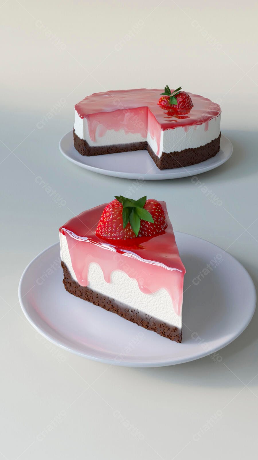 Torta cheesecake de morango vermelha e branca com fatia separada