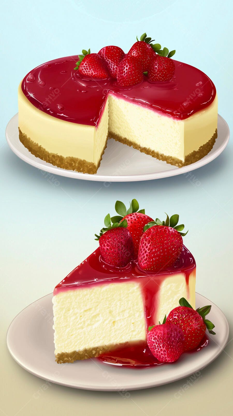 Cheesecake de morango com calda e fatia separada sobre fundo azul claro
