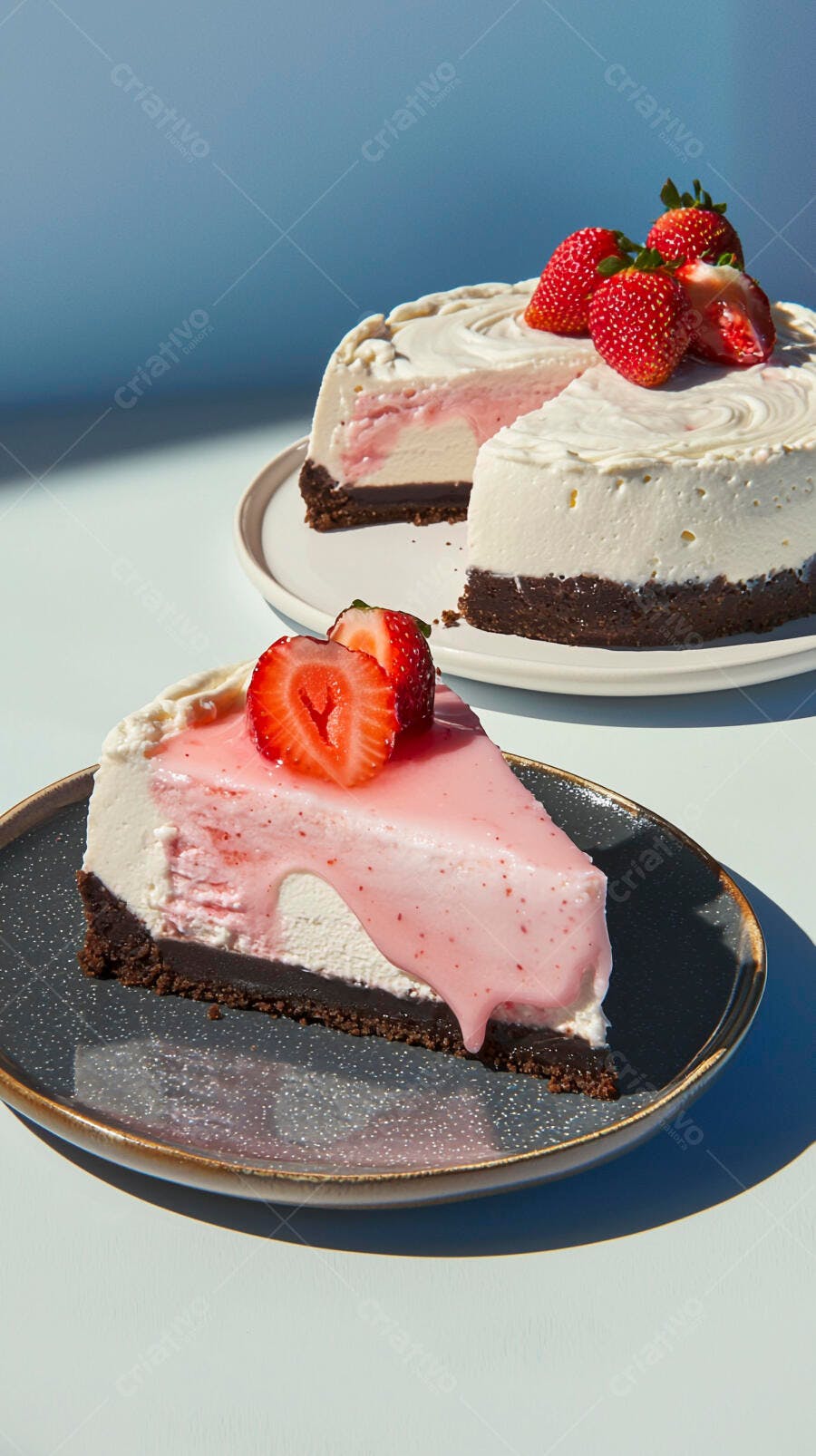 Cheesecake de morango fatia e bolo inteiro com calda rosa