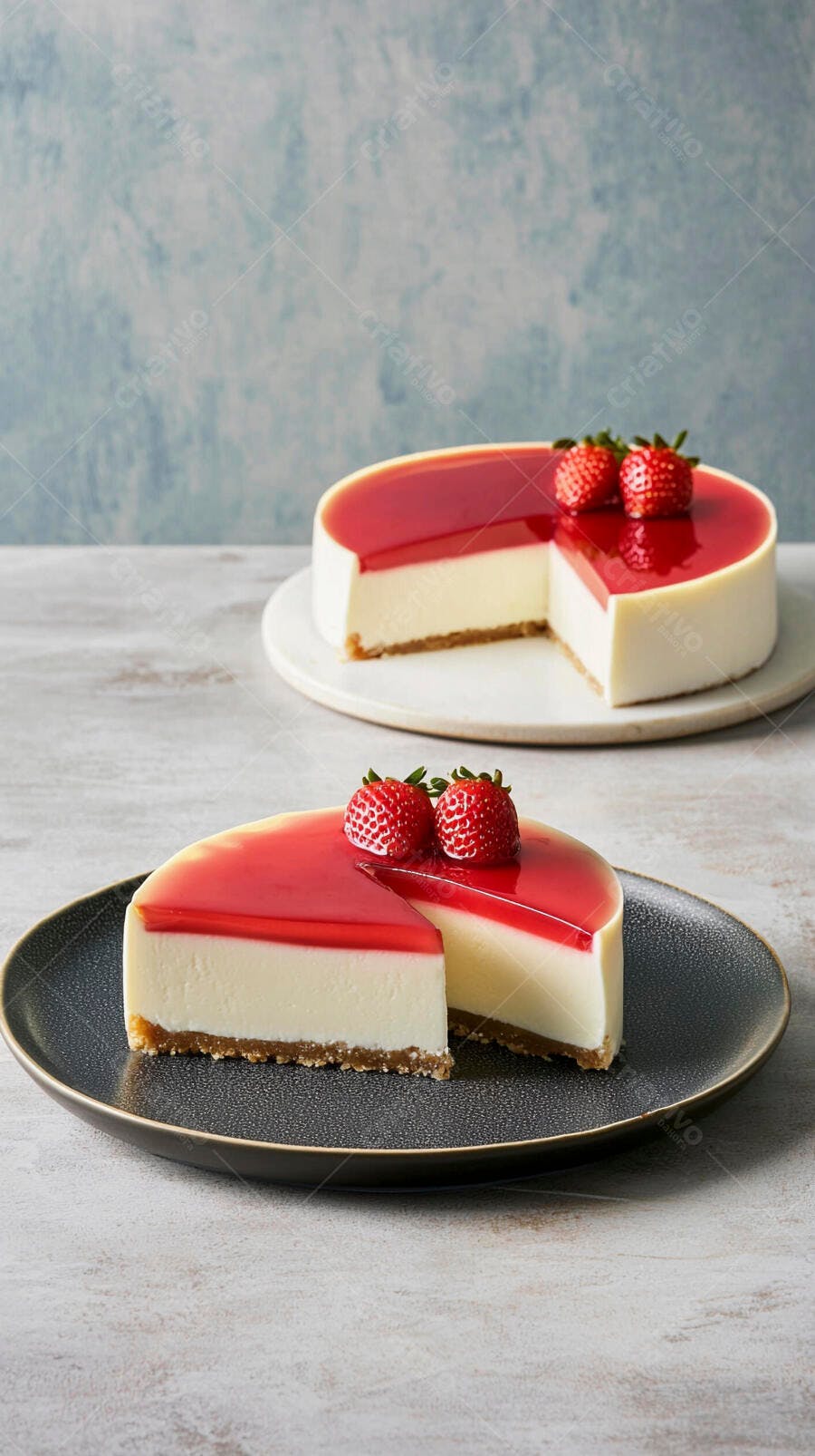 Cheesecake de morango com geleia vermelha e frutas frescas pronto para servir
