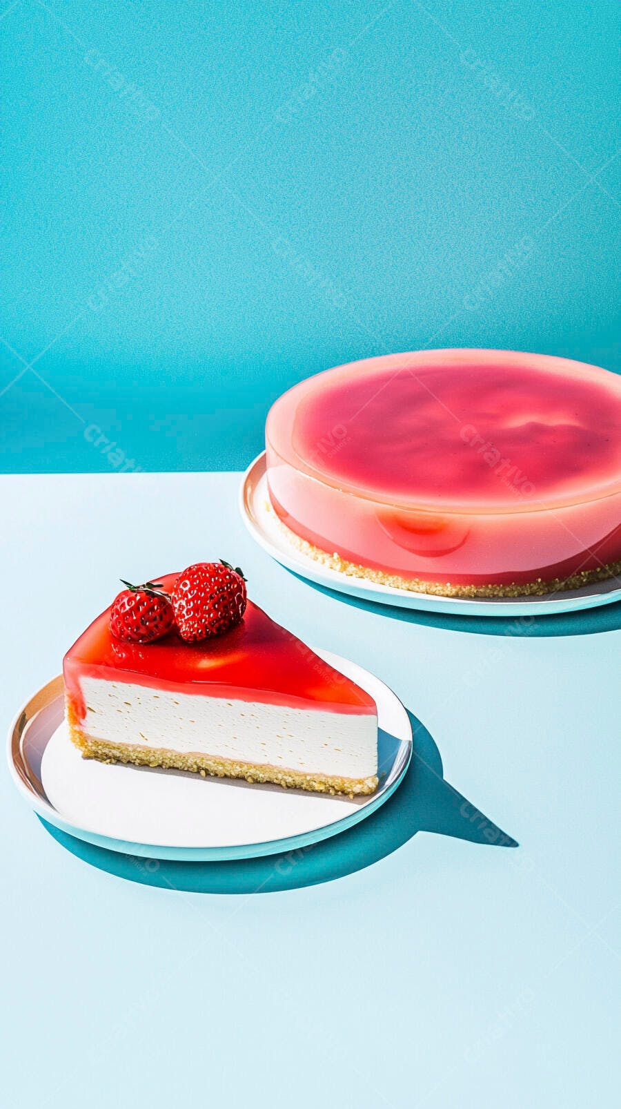 Cheesecake de morango fatia e inteiro fundo azul claro