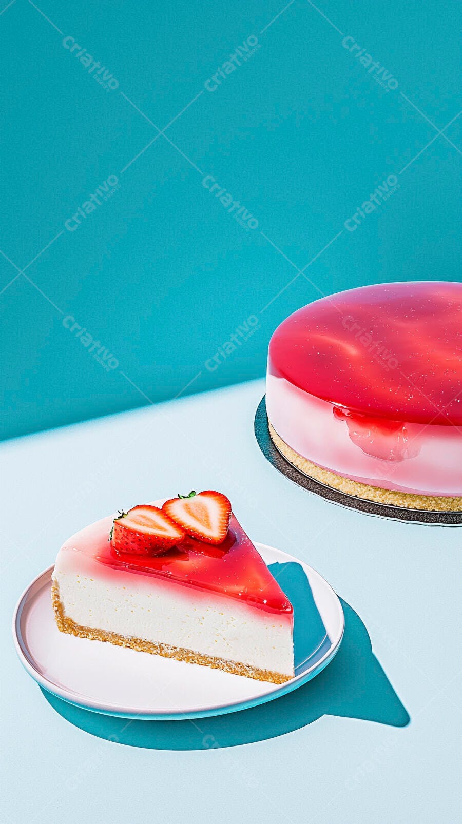 Fatia de cheesecake de morango fresco e bolo inteiro em fundo azul claro