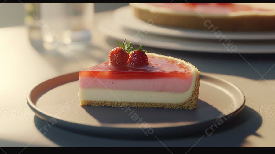 Torta de morango de camadas rosa e branca em prato escuro com luz natural