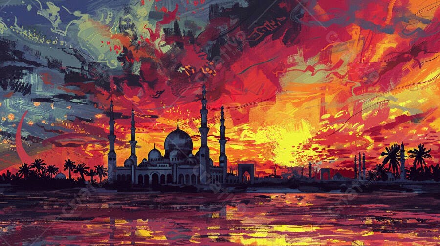Mesquita imponente ao pôr do sol dramático céu vermelho laranja e água refletida