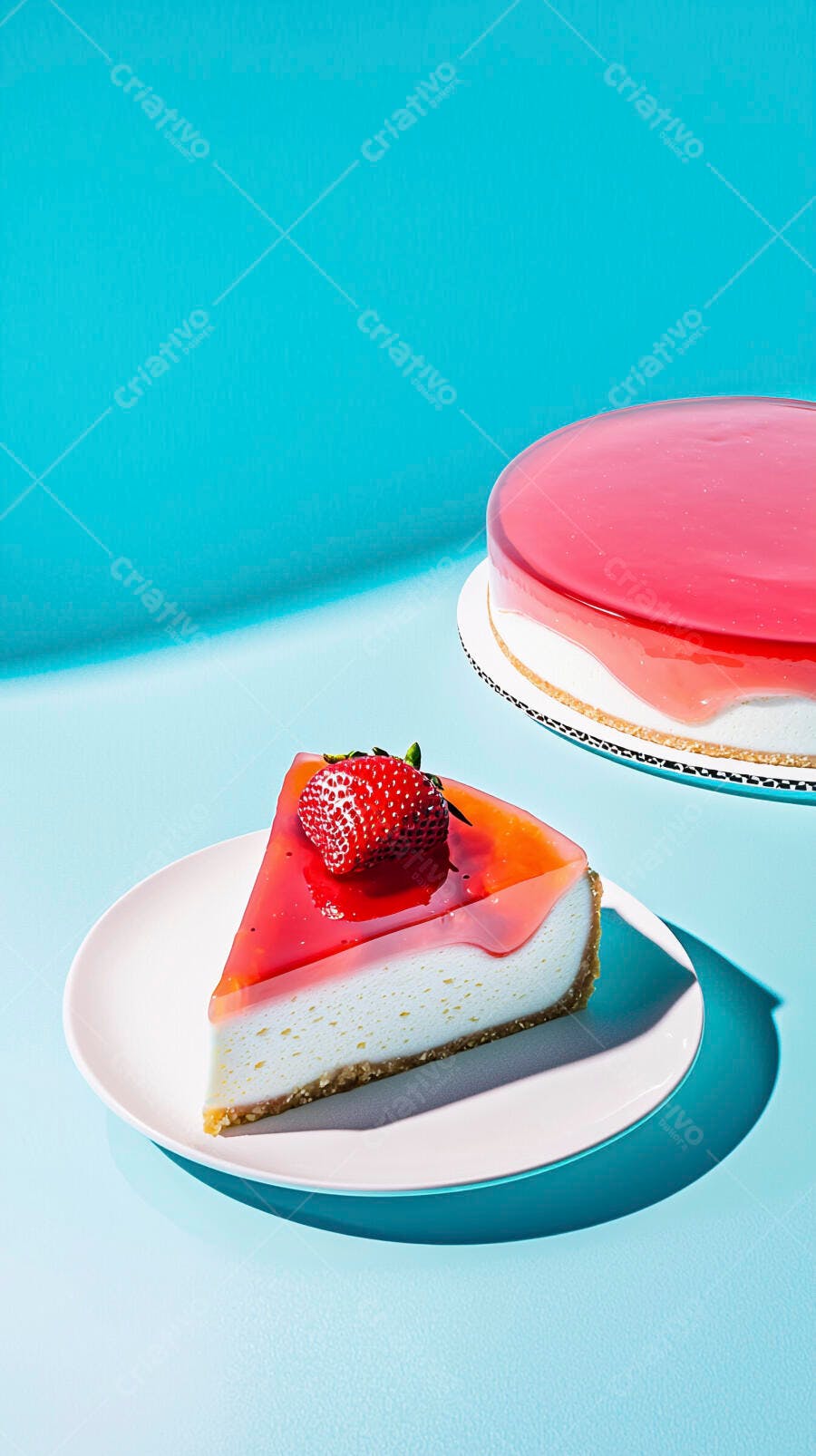 Corte de cheesecake de morango fresco em prato branco com fundo azul vibrante